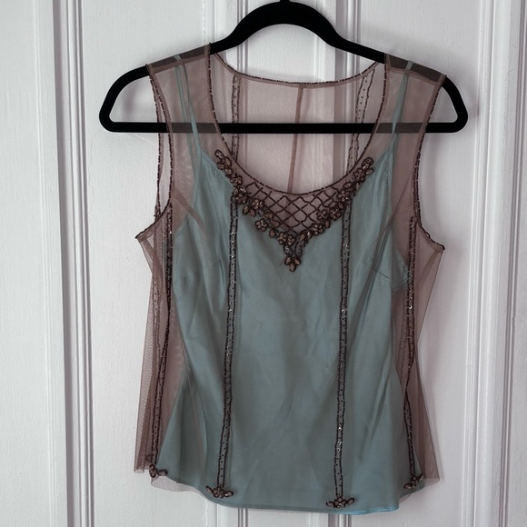 Danier Tops - Vintage Danier Beaded Embroidered Sleeveless Silk Lace Blouse Aqua Blue/Tan